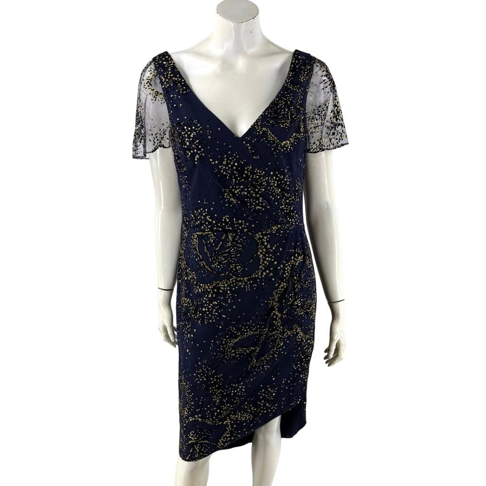 Marchesa Notte Womens Dress 12 Formal Navy Blue Gold Sparkly Flutter Sleeve NEW